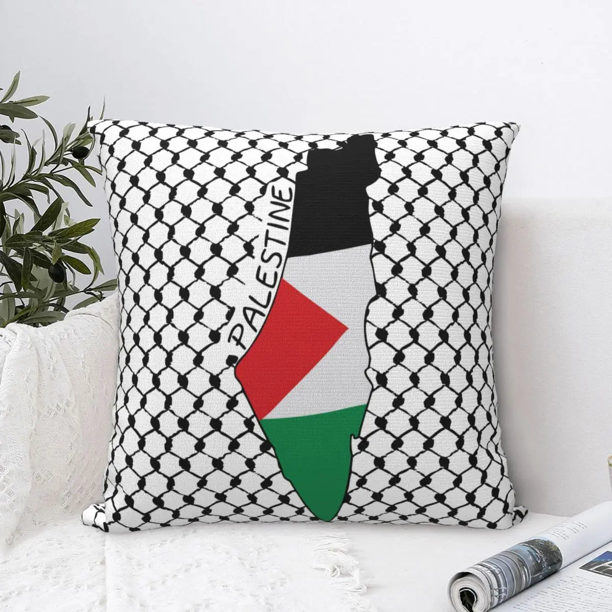 Palestine Flag Map with Palestinian Kufiya Cushion Cover