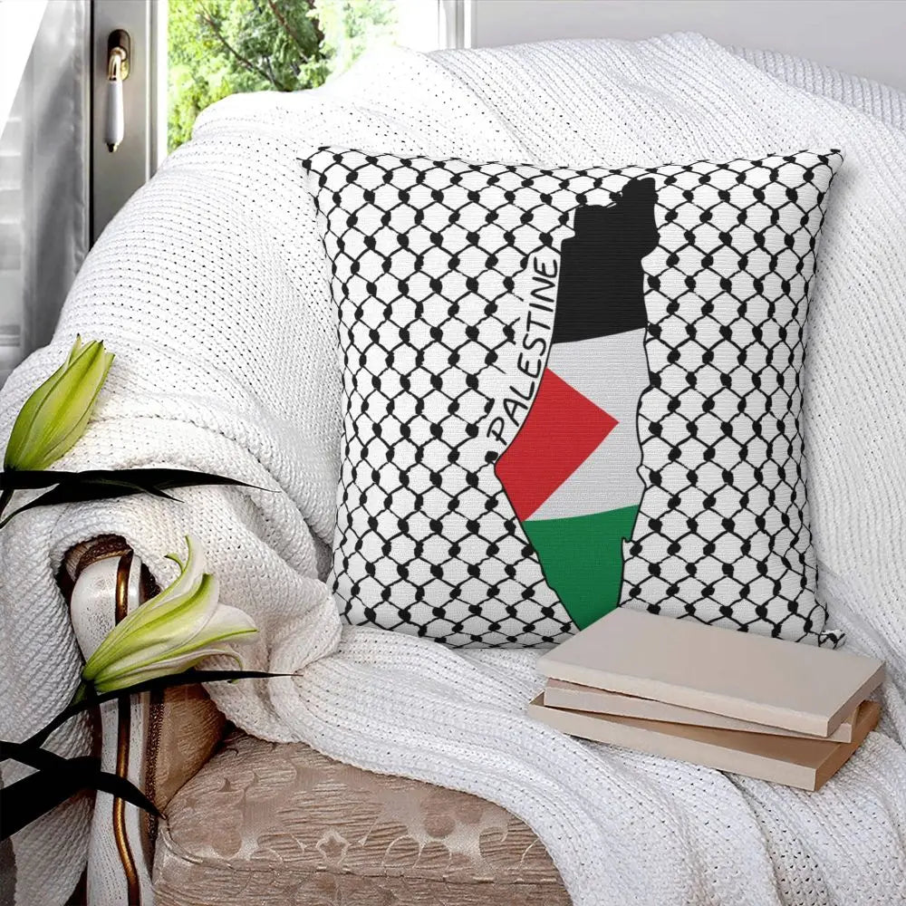 Palestine Flag Map with Palestinian Kufiya Cushion Cover