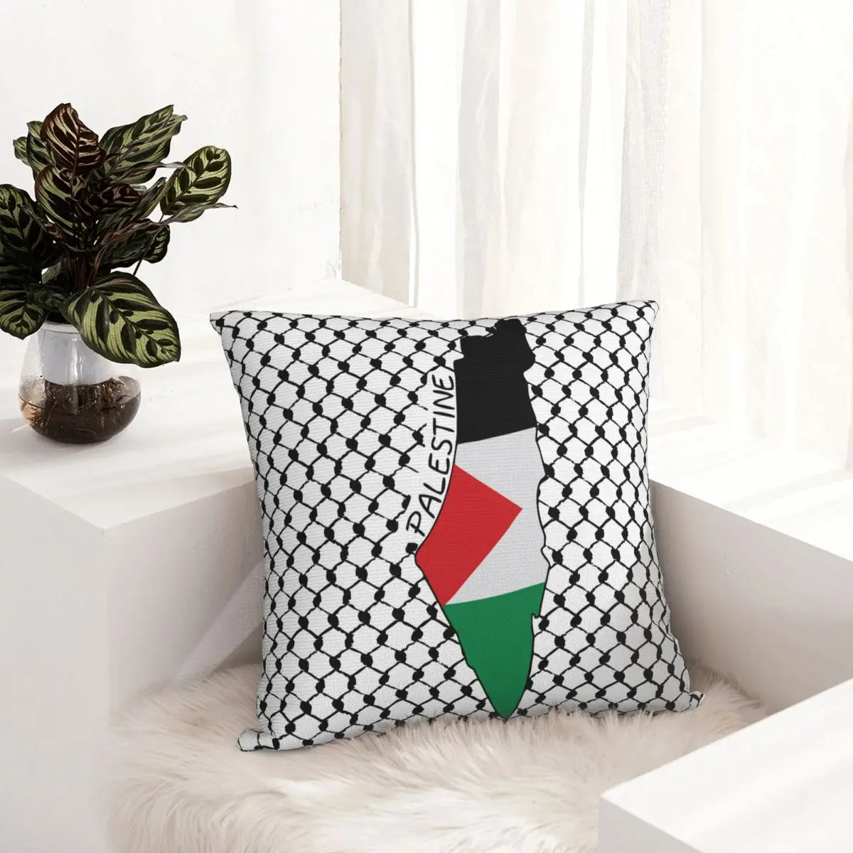 Palestine Flag Map with Palestinian Kufiya Cushion Cover